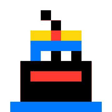 A pixel art character wearing a yellow and red striped hat with a blue brim, featuring a simple face with rectangular white eyes and a wide red mouth.