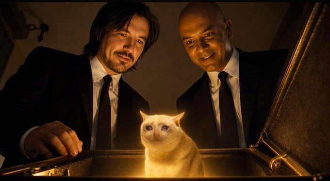 Two men in dark suits and ties lean over an open briefcase, gazing with awed smiles at a glowing white cat inside—a fitting visual for "The CashCat Origin," suggesting the mythical genesis of a lucrative, mysterious money-making feline.
