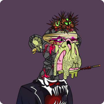 A bizarre cartoon figure wears a suit with a melting face, a sneaker containing a spiky monster on its head, and a spiked club on its back.