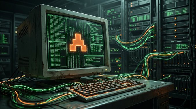 A cyberpunk-style illustration of a vintage CRT computer monitor displaying green code and an orange ARC logo, sitting on a desk with glowing cables connected to server racks in the background.
