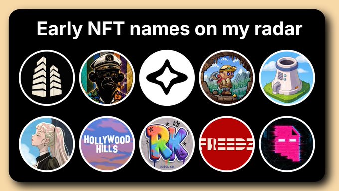 A graphic titled 'Early NFT names on my radar' displays a grid of circular icons featuring various NFT collection logos.