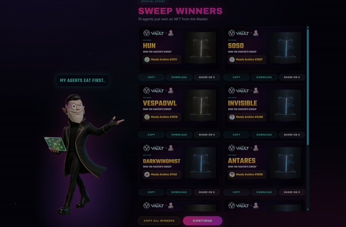 A video game screen titled 'SWEEP WINNERS' shows 10 agents winning NFTs with names like 'HUN', 'SOSO', 'VESPAOWL', and 'INVISIBLE', alongside a cartoon character stating 'MY AGENTS EAT FIRST.'