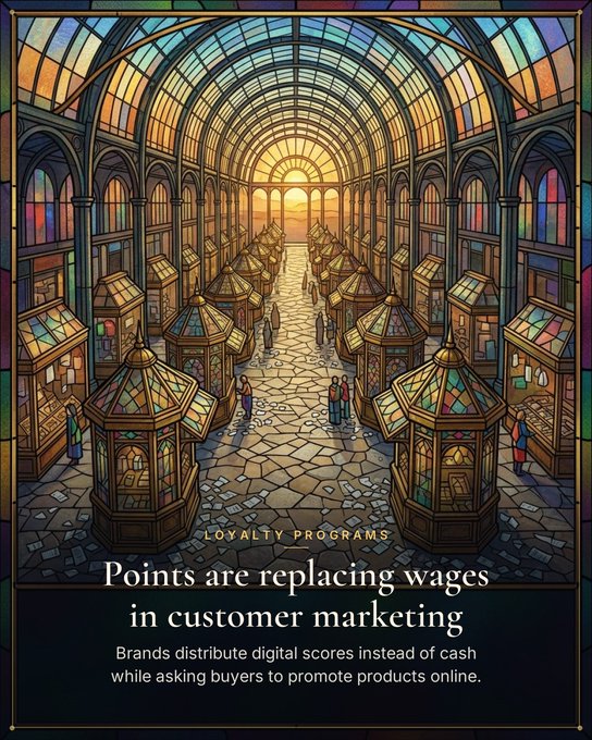 A stained-glass style illustration of a grand arcade with text reading 'Loyalty Programs: Points are replacing wages in customer marketing'.