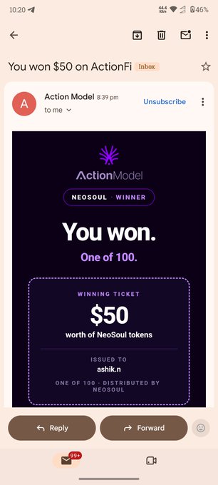 An email notification from ActionModel confirming a win of $50 worth of NeoSoul tokens on NEOUL, issued to ashik.n as one of 100 winners.