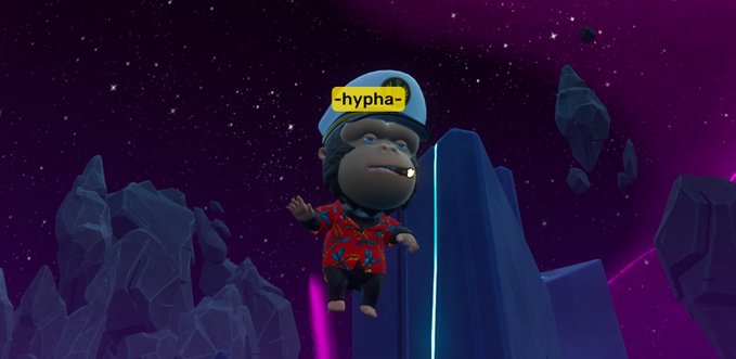 A 3D animated character floating in a purple space environment, wearing a blue helmet and red patterned shirt, with a label reading "-hypha-" above.