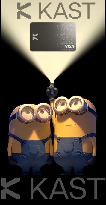 The image features two small cartoon characters wearing yellow outfits and sunglasses standing next to each other with their arms around a light source. The text "KAST" is written above them, and there are two more lines of text below that read "Can KAST replace banks for everyday needs?". This suggests that the post might be discussing whether or not KAST can serve as an alternative to traditional banking services.