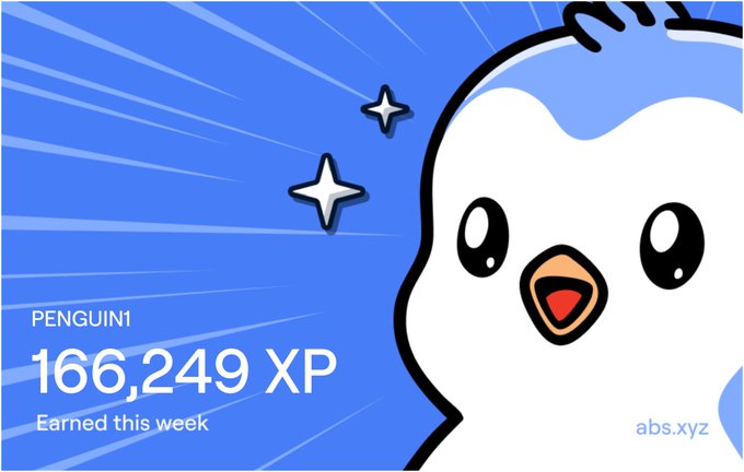 An Abstract blockchain XP leaderboard graphic shows user PENGUIN1 with 166,249 XP earned this week.