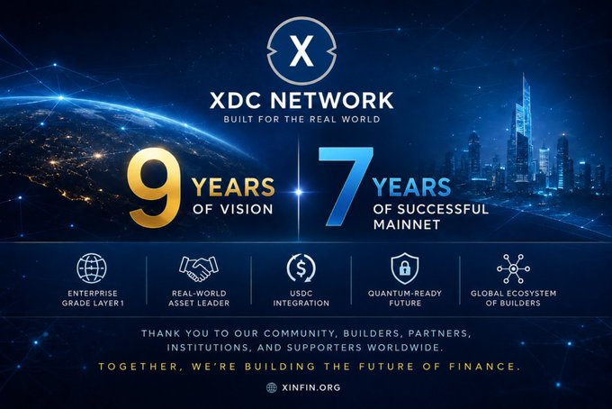 The image features a banner for XDC Network celebrating its 9th anniversary. The banner displays a blue background with a gold circle containing the letters "XDC" and "Network", along with the text "9 Years of Vision". Below this, there are illustrations representing various aspects of the network's vision, such as global ecosystem, blockchain technology, and financial services integration. The image also includes a postcard that reads: 
"Celebrating XDC Network Anniversary Today: 
9 Years of Vision 
7 Years of Successful Mainnet. Built for real-world finance, powered by builders, partners, institutions, and a global community."