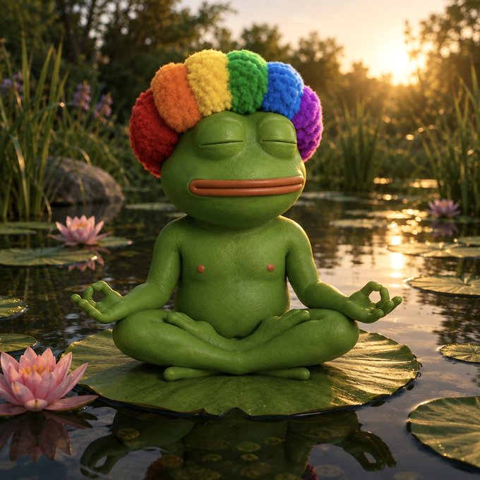 A 3D-rendered green Pepe-like frog character meditating in a lotus pose on a lily pad in a pond at sunset, wearing a colorful rainbow afro wig.