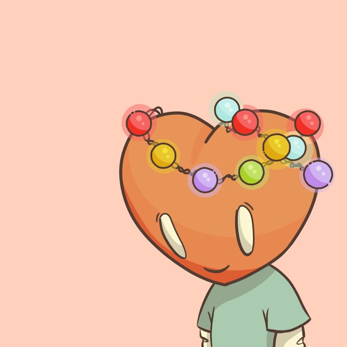 A cartoon heart-shaped character with a beaded chain across its forehead smiles while wearing a mint green shirt, set against a peach background—reflecting the warm sentiment of being welcomed into the LT3 NFT community.