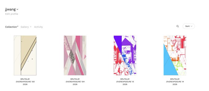 An art profile page for 'jlwang' displays a collection of four abstract pieces from the 'BRUTAL! OVEREXPOSURE' series created in 2026.