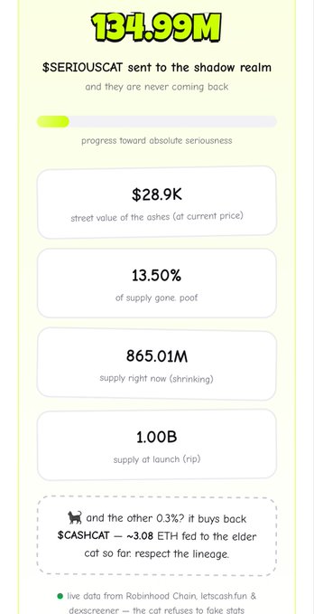 A digital tracking dashboard for "$SERIOUSCAT" showing a market cap of "134.99M", noting that "$SERIOUSCAT sent to the shadow realm and they are never coming back", along with statistics on supply, street value, and a reference to "$CASHCAT" as the elder cat.
