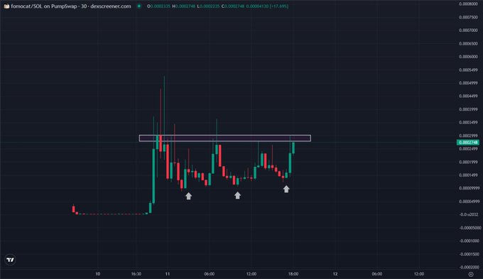 A 30-minute candlestick chart of $FOMOCAT/SOL on Pumpswap shows the price consolidating just below a highlighted resistance zone around 0.0002499, with three upward arrows marking higher lows supporting a potential breakout, aligning with the post's bullish 4X resistance watch thesis.