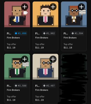 A grid of five pixel art NFT avatars labeled "Firm Brokers" displayed on a marketplace interface with prices like #1,098, #1,902, and top offers of $11.19.