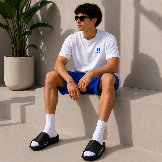 The image features a man sitting down, wearing sunglasses and a white t-shirt with blue shorts. He has black slippers on his feet. The background includes a potted plant and a wall, creating an indoor setting for the scene. There is also text in the image that reads "Trader starter pack: Ignore FUD Check portfolio every 5 mins MEXC slides Did we miss anything?". This suggests that the man might be taking a break from work or browsing through some content on his phone while wearing casual attire, such as shorts and sunglasses.