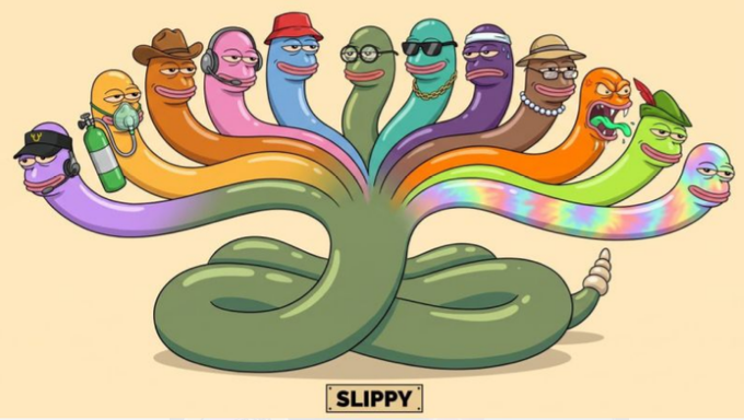 A colorful cartoon illustration of a multi-headed hydra-like creature labeled "SLIPPY," with each colorful head wearing different accessories like hats, glasses, and a cowboy hat.