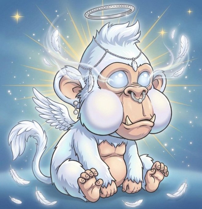 A cartoon illustration of a cute white winged monkey angel with a silver halo, jeweled chain headpiece, and glowing eyes, sitting amid floating white feathers against a starry blue background.