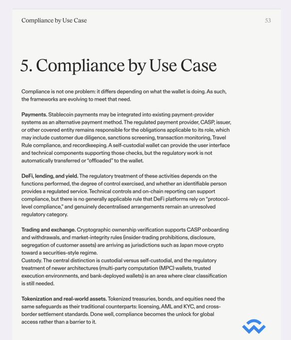 A document page titled '5. Compliance by Use Case' discussing regulatory frameworks for payments, DeFi, trading, custody, and tokenization, with page number 53.