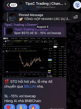 The image shows a Telegram channel called "TipsC Trading" with 437 members, featuring a pinned message about "STO hôm nay" and $SBLUAI, displaying a trading chart for "BDX" along with a message about a ~15% volume lowcap signal for $BLUAI. The post promotes $BLUAI as a trading signal, aligning with the caption's mention of a "+70%" pick and encouraging followers to contact for more calls.