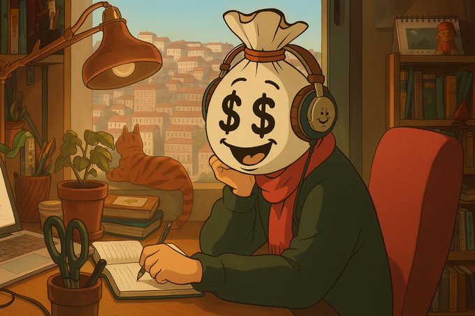 An animated illustration of a smiling character with a money bag face ($$$) wearing headphones and a red scarf, sitting at a desk writing in a notebook while a cat looks out the window at a cityscape.