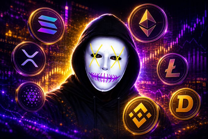 A hooded figure wearing a white mask with X-eyes and stitched smile is surrounded by cryptocurrency coins including SOL, ETH, XRP, ADA, DOGE, and BNB, set against a neon-lit market chart backdrop. The image visually reinforces the post's theme of navigating chaotic crypto market conditions, with the ominous masked figure symbolizing the uncertain, unpredictable nature of trading, while the call-to-action directs viewers to join a Telegram group for guidance.
