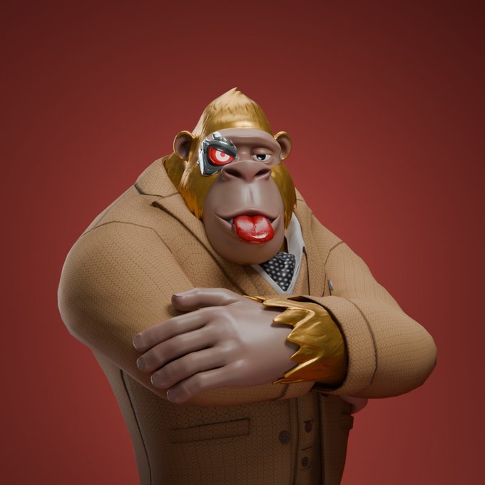 A 3D-rendered cartoon ape character with a red robotic eye, blonde hair, and a tan suit poses with crossed arms and a playful expression featuring a red tongue against a deep red background. The image appears to be a stylized NFT avatar, fitting the post's theme of showcasing a unique ape collectible now held in the user's wallet.