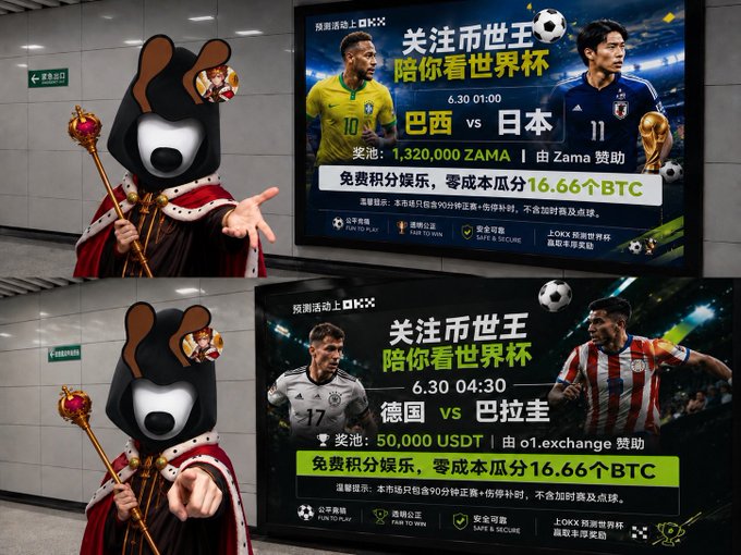 Two promotional billboards in a subway station advertise OKX's World Cup cryptocurrency giveaway, featuring matches "巴西 vs 日本" (Brazil vs Japan) on 6/30 01:00 with a 1,320,000 ZAMA prize pool, and "德国 vs 巴拉圭" (Germany vs Paraguay) on 6/30 04:30 with a 50,000 USDT prize pool, alongside a mascot in royal attire holding a scepter. The ads promote a "免费积分娱乐" (free points entertainment) campaign where users can compete for a 16.66 BTC grand prize pool.
