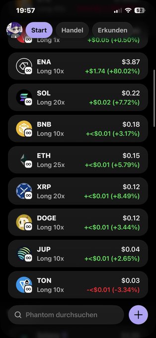 The image shows an iPhone screen displaying a list of cryptocurrency symbols, including Bitcoin, Etherium, and Dogecoin. The text "Start" can be seen at the top left corner of the screen, indicating that the user has just started their search for new cryptocurrencies or is about to begin one.