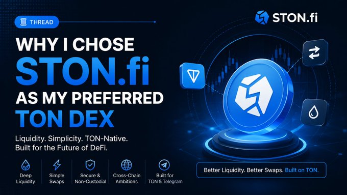 A promotional banner for "STON.fi" titled "WHY I CHOSE STON.fi AS MY PREFERRED TON DEX," highlighting "Liquidity. Simplicity. TON-Native."