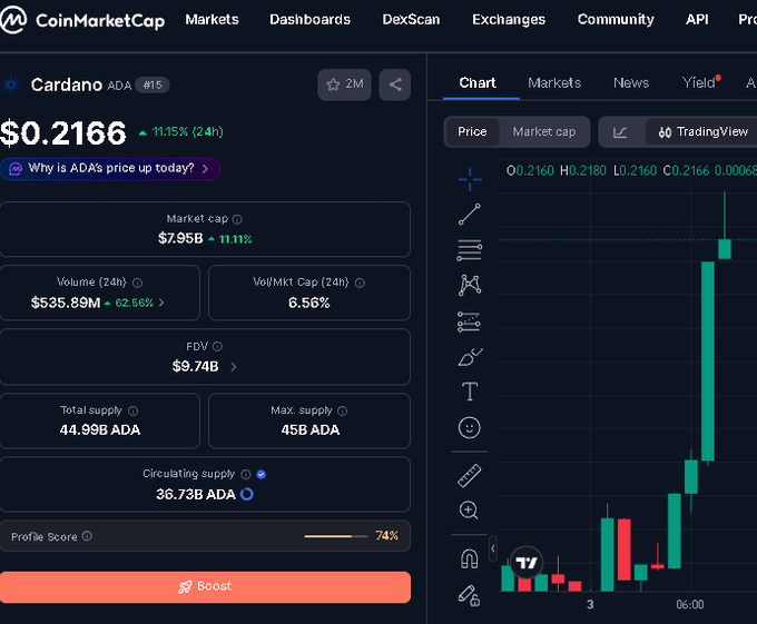 A CoinMarketCap page showing Cardano (ADA) priced at $0.2166 with an 11.15% increase, alongside market cap, volume, and a green candlestick chart.