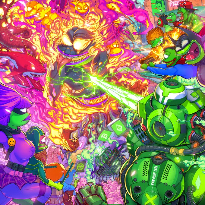 A vibrant, chaotic NFT-style illustration shows a fiery demon unleashing green laser beams against a giant mech labeled "F33 GROUP ARM," surrounded by various cartoon characters and meme-like figures—evoking the high-energy, meme-driven hype surrounding the live whitelist mint for the "legends" PFP collection, where holders chase rare 1/1s and potential ETH rewards.