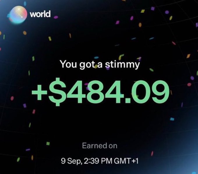 The image is a Worldcoin/World App notification showing "You got a stimmy +$484.09" earned on 9 Sep, 2:39 PM GMT+1, set against a dark background with colorful confetti, illustrating the user's claim of earning a referral bonus by signing up and trading through the World app using their referral link.