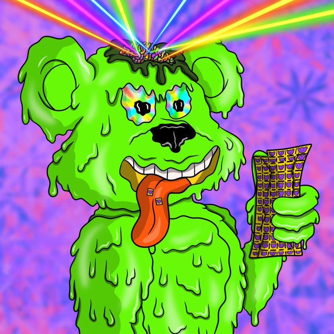 A psychedelic digital illustration of a melting green creature with star-shaped eyes, drooling a red tongue, holding a chocolate bar with its left hand against a purple patterned background.