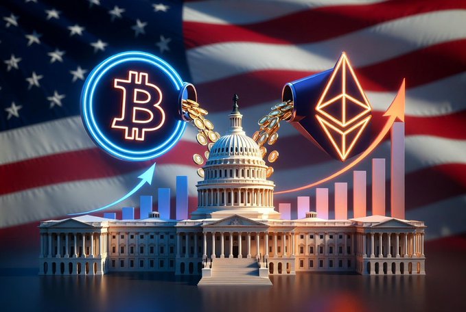 A digital illustration depicting the U.S. Capitol building with Bitcoin and Ethereum logos, coins, and an upward trending arrow against an American flag background.