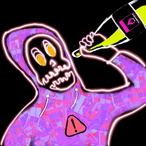 A vibrant purple and pink glitch-style illustration of a hooded skeleton with glowing yellow eyes, holding a bottle, with a warning triangle on its chest.