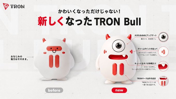 A promotional comparison image showcases the redesign of the "TRON Bull" mascot, featuring the "before" version on the left (a simple white bull) and the "new" version on the right (with a large single eye, pink cheeks, cute fangs, and the TRON mark), under the headline "新しくなったTRON Bull" (Newly revamped TRON Bull) and "かわいくなっただけじゃない！" (It's not just cuter!).