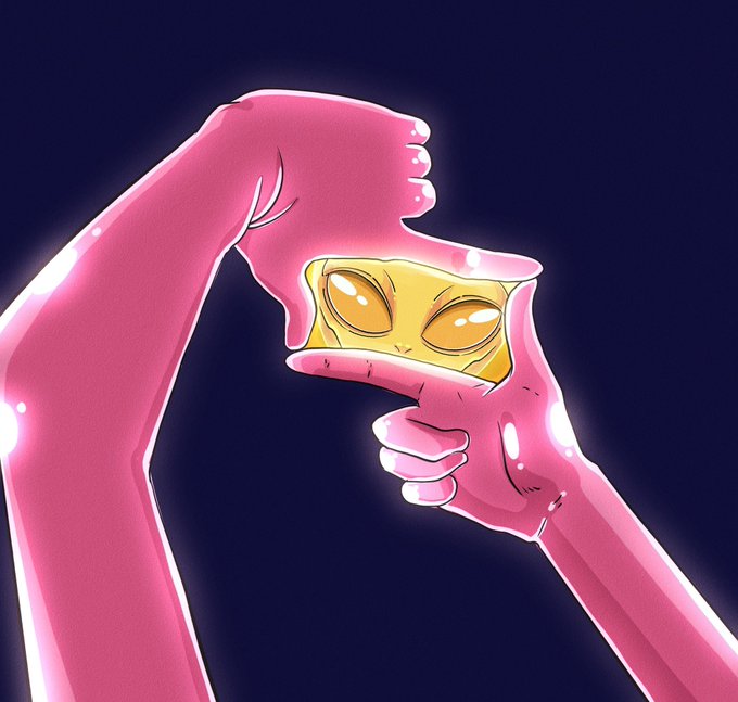 A digital illustration of two pink cartoon hands peeling back the skin to reveal a yellow alien face with large orange eyes underneath, set against a dark blue background.