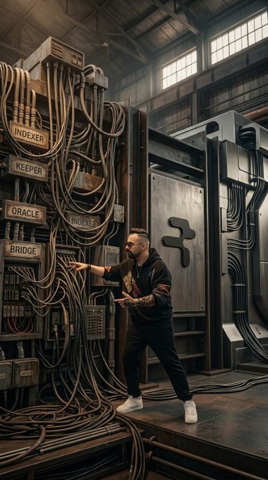 A man stands in a dark industrial space filled with cables and labeled machinery (INDEXER, KEEPER, ORACLE, BRIDGE), posing in front of a metal structure marked with a symbol resembling '⫽'.