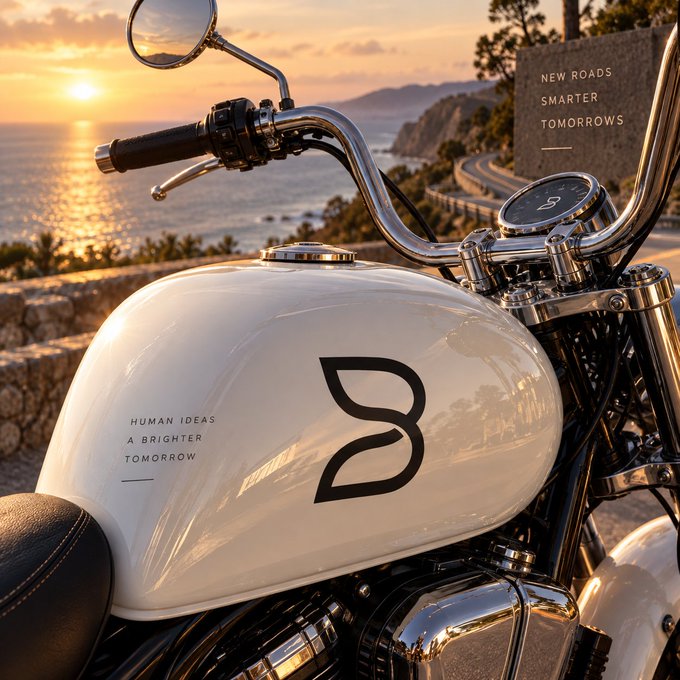 A promotional image of a white motorcycle parked on a coastal road at sunset, featuring the text 'HUMAN IDEAS A BRIGHTER TOMORROW' and 'NEW ROADS SMARTER TOMORROWS' alongside a leaf-shaped logo.