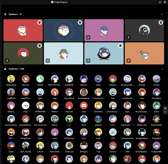 A screenshot of a Pudgy Penguins audio chat room called 'Pudgy Penguins' showing 8 speakers and 246 audience members with penguin avatars.