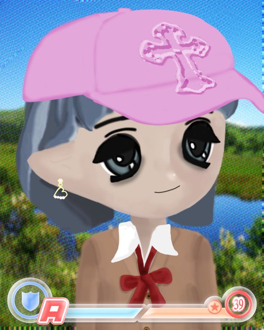 A 3D anime-style character with gray hair wearing a pink cap with a cross design, a school uniform with a red bow, and heart-shaped earrings.