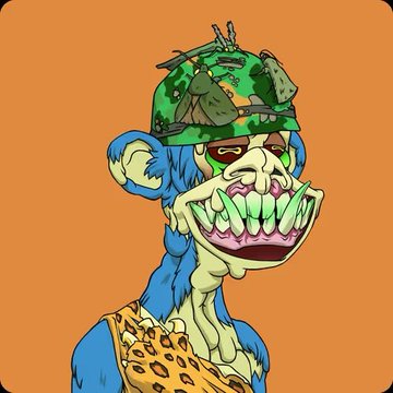 The image features an anthropomorphized monkey with a blue helmet, which has a green visor that matches its face paint. The monkey appears to be wearing a leopard print outfit and has a large smile on its face. The background of the image is orange, providing a striking contrast to the monkey's attire. The caption "Every Ape should own a Pudgy" suggests that the monkey might have an affinity for bananas or other fruits, which could explain its choice of clothing and accessories in this particular image.