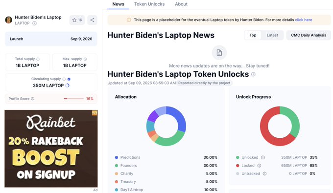 A webpage screenshot for 'Hunter Biden's Laptop' token (LAPTOP) showing token unlocks, allocation chart, and a placeholder notice.