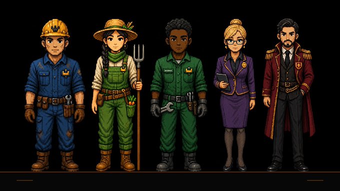Pixel art illustration of five characters in various uniforms, including a worker, farmer, mechanic, pilot, and officer in a red coat.