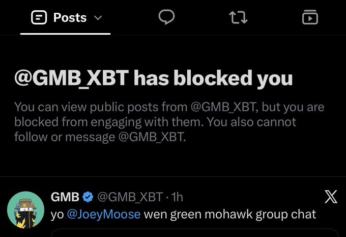 The image shows a Twitter notification that @GMB_XBT has blocked the user. The accompanying post highlights this by referencing how the user never followed @GMB_XBT and had them muted.
