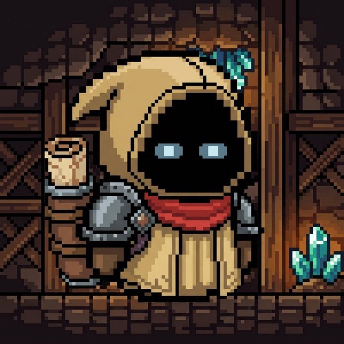 Pixel art depicting a hooded character with glowing blue eyes, wearing a red scarf and holding a staff with a scroll, standing in a wooden, medieval-style environment with blue crystals nearby.