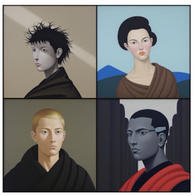 Four distinct stylized portrait illustrations are arranged in a 2x2 grid, each featuring a unique character with varying features—messy dark hair, a bouffant updo, blonde cropped hair, and a red-striped figure—and accompanying art styles that visually represent the diverse, identity-driven NFT collection "Divergents" being launched on Ethereum.