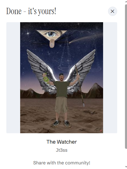 The image shows a completed NFT collection notification titled "The Watcher" by artist JT3ss, featuring a surreal digital artwork of a figure with large white wings holding a staff, with an all-seeing eye floating above them against a starry cosmic sky. The artwork appears to be the digital asset just collected on objkt.com, matching the user's post about acquiring the piece.