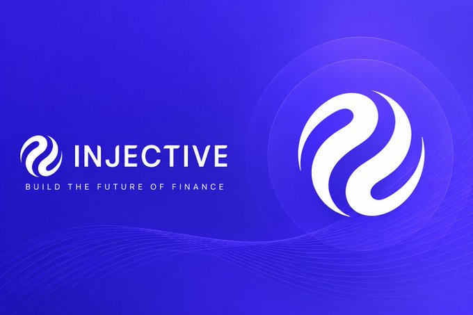The image displays the Injective logo and branding on a purple gradient background, featuring the stylized "INJ" symbol alongside the text "INJECTIVE - BUILD THE FUTURE OF FINANCE." This visual ties directly to the post about Injective's evolution into financial infrastructure, as it showcases the project's official identity and forward-looking tagline while highlighting its milestone as the first Layer 1 blockchain with an SEC registered transfer agent.