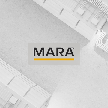 A minimalist graphic featuring the 'MARA' logo (with a TM symbol) in black text with a yellow underline, set against a textured gray and white background.